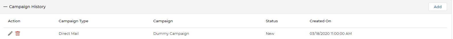 Campaign History sub-table — Campaign Type, Campaign, Status, Created On columns with Add button
