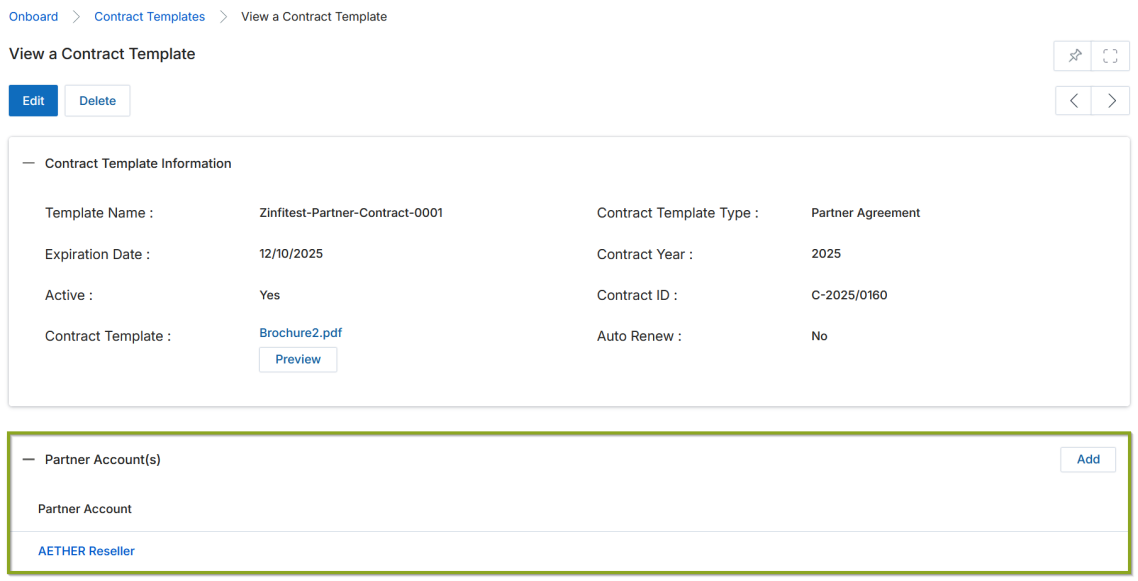 View a Contract Template — Partner Account(s) related list showing linked AETHER Reseller account