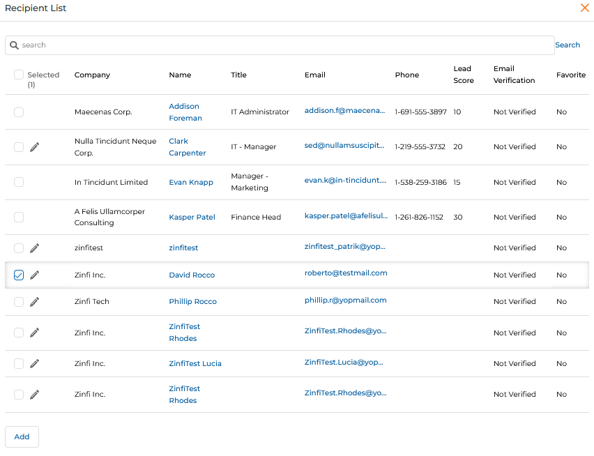 Recipient List popup with search field and a table showing Selected (1), Company, Name, Title, Email, Phone, Lead Score, Email Verification, Favorite columns. Multiple prospects listed including Addison Foreman (Maecenas Corp.), Clark Carpenter (Nulla Tincidunt Neque Corp.), Evan Knapp, Kasper Patel, David Rocco (Zinfi Inc., selected checkbox), Phillip Rocco (Zinfi Tech) and several ZinfiTest entries.