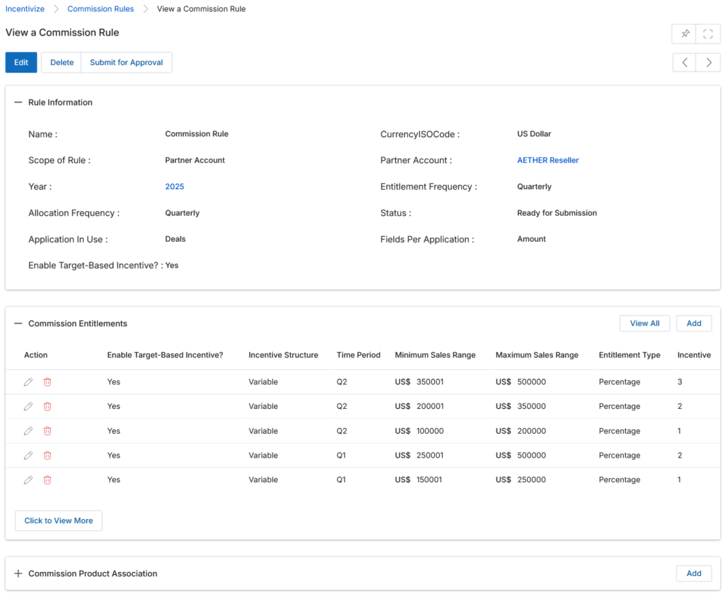 View a Commission Rule detail page — Rule Information and Commission Entitlements table