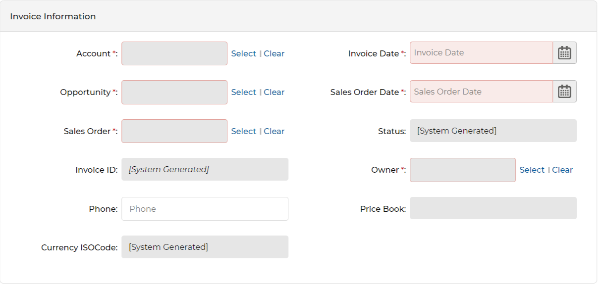 Invoice Information section of Add form showing Account, Invoice Date, Opportunity, Sales Order Date, Sales Order, Invoice ID, Status, Owner, Phone, Price Book, and Currency ISOCode fields