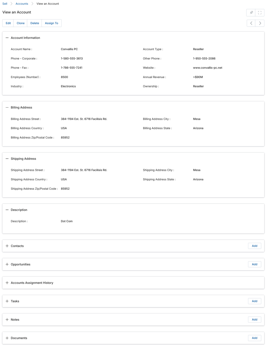 View an Account — Account Information, Billing/Shipping Address, and related lists