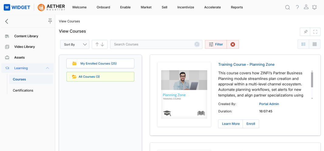 View Courses page with category tree and course listings