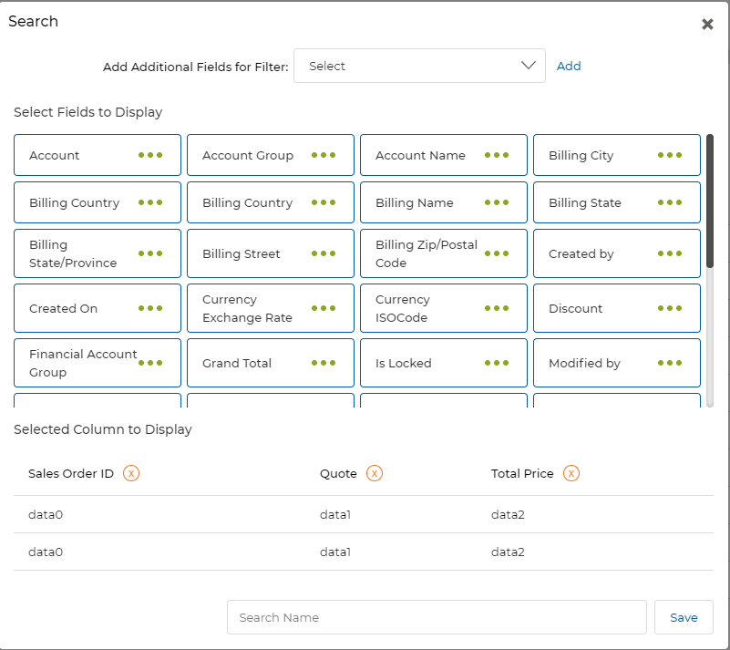 Create New View modal for Sales Orders — showing available filter fields and selected column preview