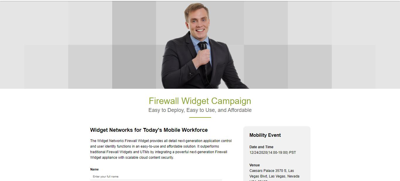 Event registration page preview showing a banner with a presenter photo, 'Firewall Widget Campaign — Easy to Deploy, Easy to Use, and Affordable' heading, Widget Networks article content on the left, and a Mobility Event sidebar on the right with Date and Time (12/24/2023 14:00-19:00 PST), Venue (Caesars Palace 3570 S. Las Vegas Blvd, Las Vegas, Nevada), and a Name form field