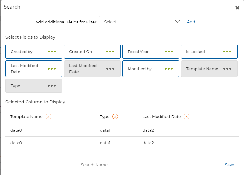 Create New View — field selection chips with preview table showing Template Name, Type, and Last Modified Date columns