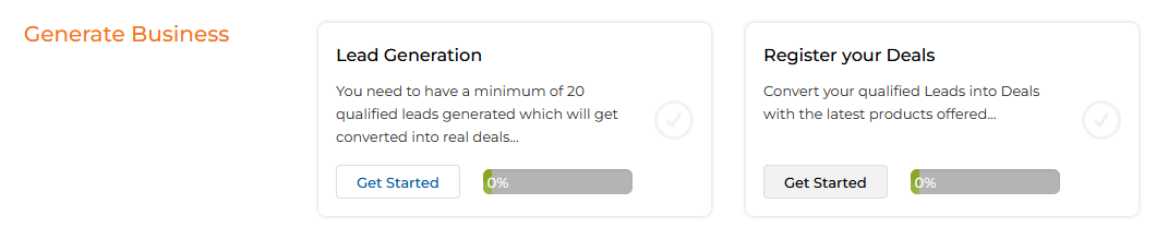 Generate Business level — Lead Generation has active Get Started (blue); Register your Deals is inactive (greyed) pending completion of Lead Generation