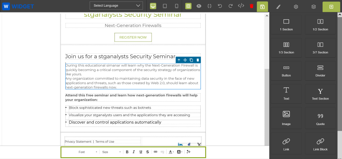 CMS editor with a text section double-clicked, showing inline WYSIWYG toolbar with Font, Size, B, I, U, S, alignment, and color tools at the bottom of the selected section