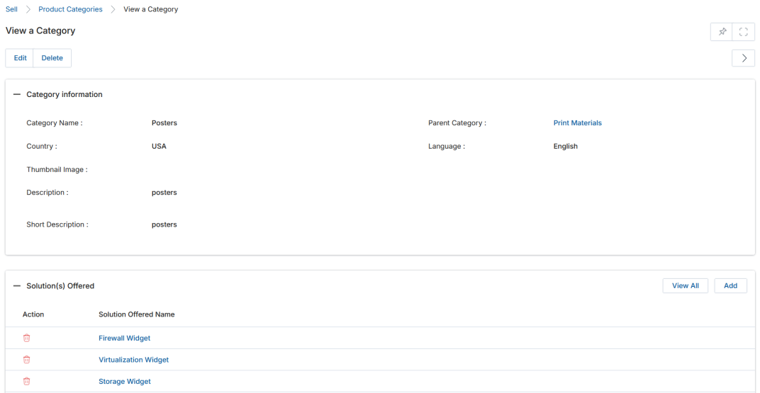 View Categories — listing showing Category Name, Parent Category, Language