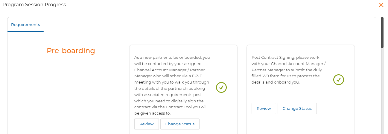 Program Session Progress dialog — task review and change status controls