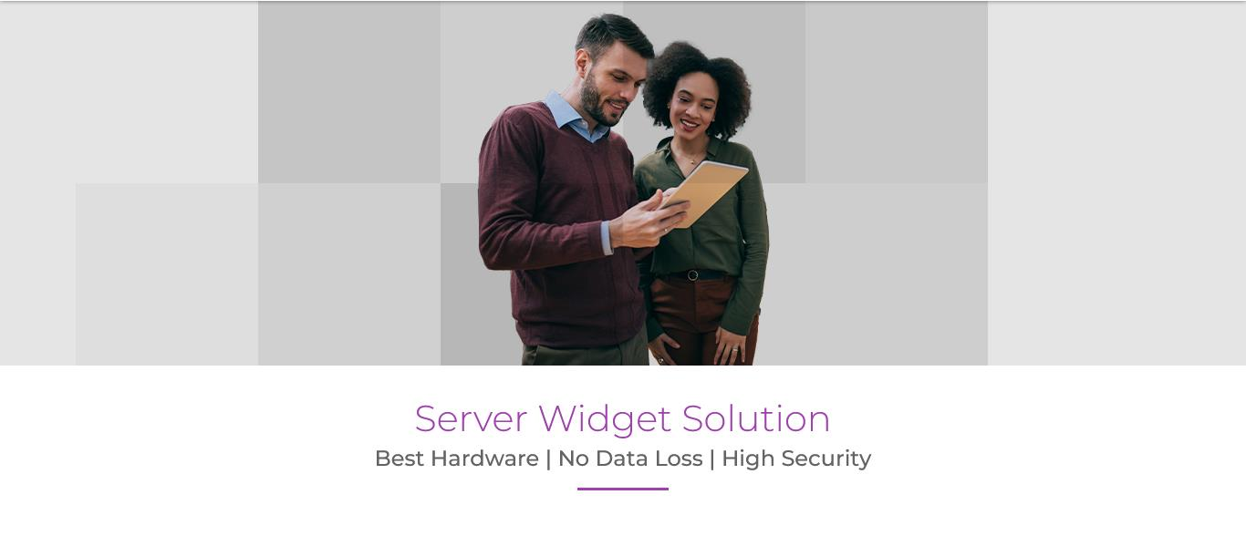 Preview of the Server Widget Solution microsite showing a hero image and the title Best Hardware, No Data Loss, High Security