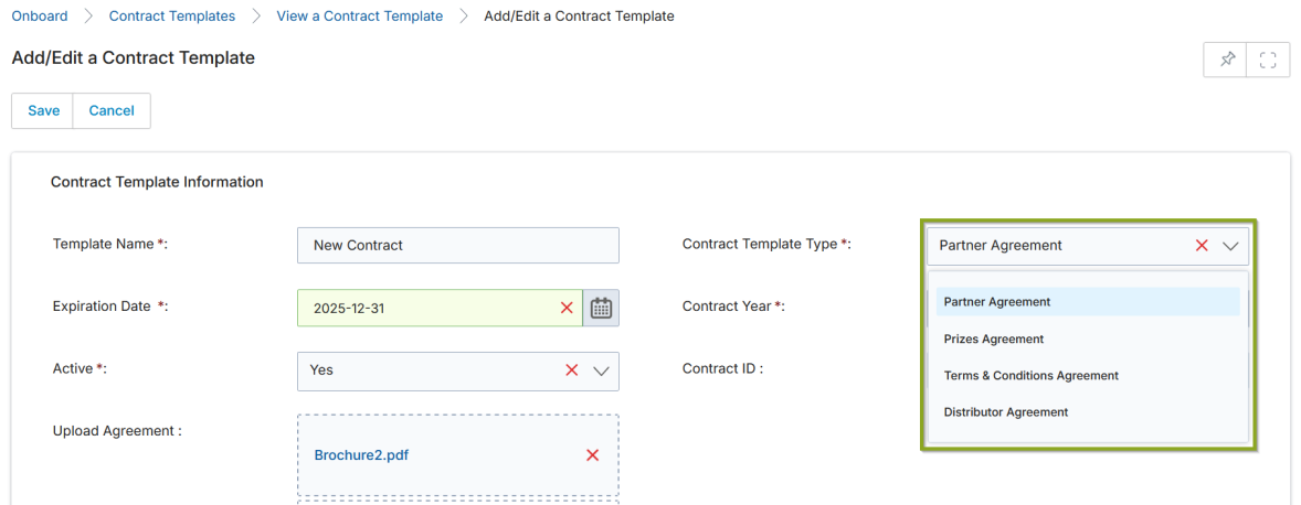 Add/Edit a Contract Template — completed form showing Template Name, Expiration Date, and Upload Agreement field