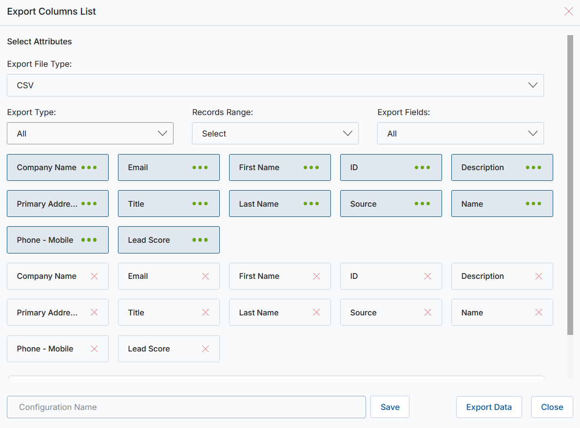 Export Columns List — XLSX file type selection