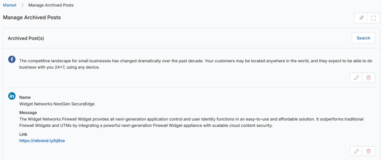 Manage Archived Posts page showing two archived posts — a Facebook post and a LinkedIn post (Widget Networks NextGen SecureEdge) with pencil and bin action icons