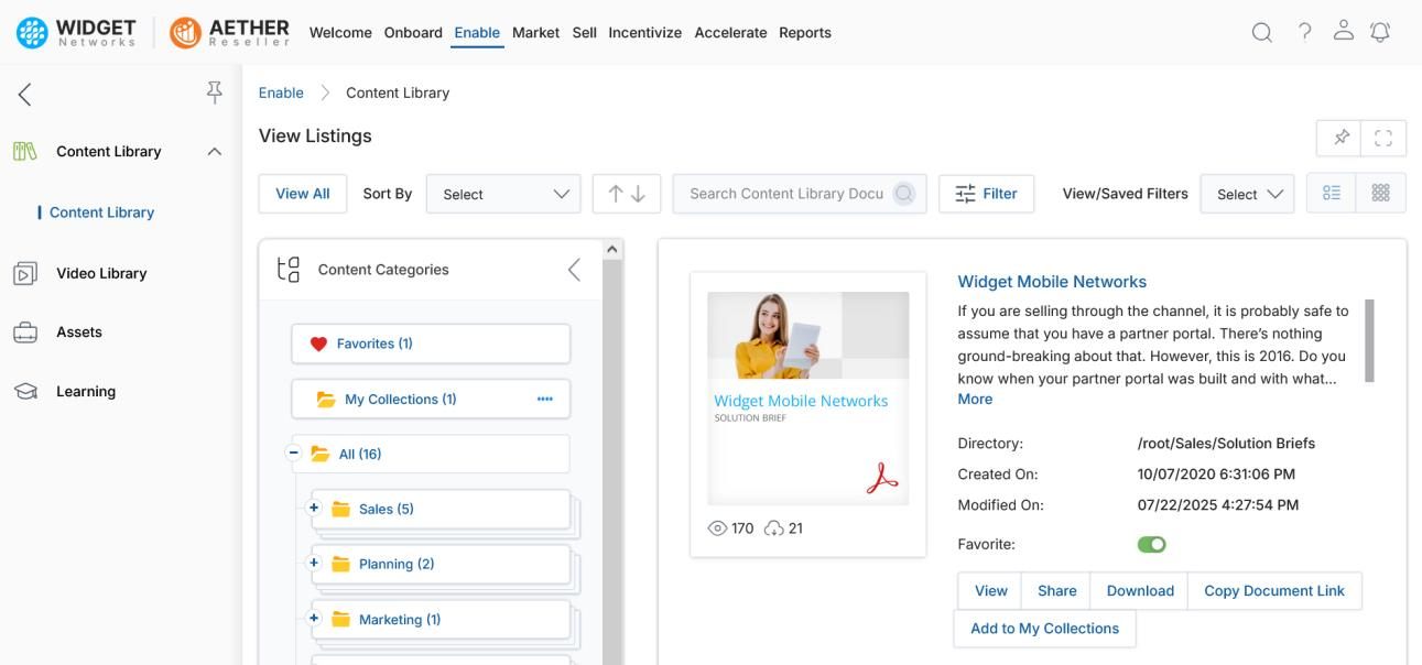 View Listings with Category Tree expanded showing Favorites, My Collections, All folders, Sales, Planning, Marketing sub-folders