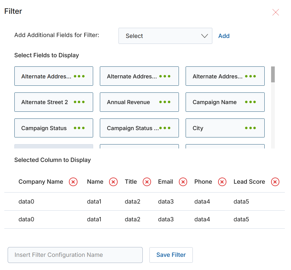 Filter panel — field selectors and search configuration