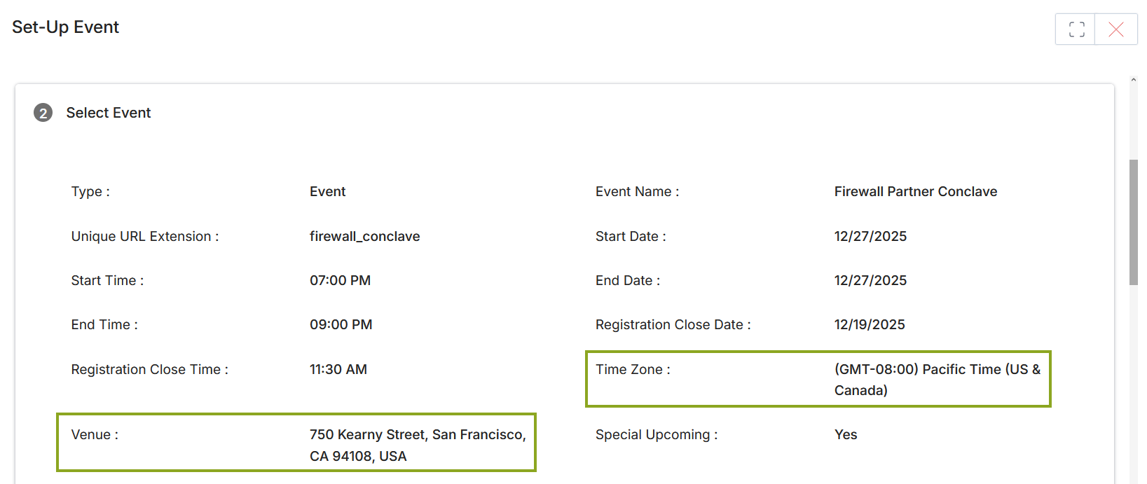 Select Event section after saving — updated venue displayed
