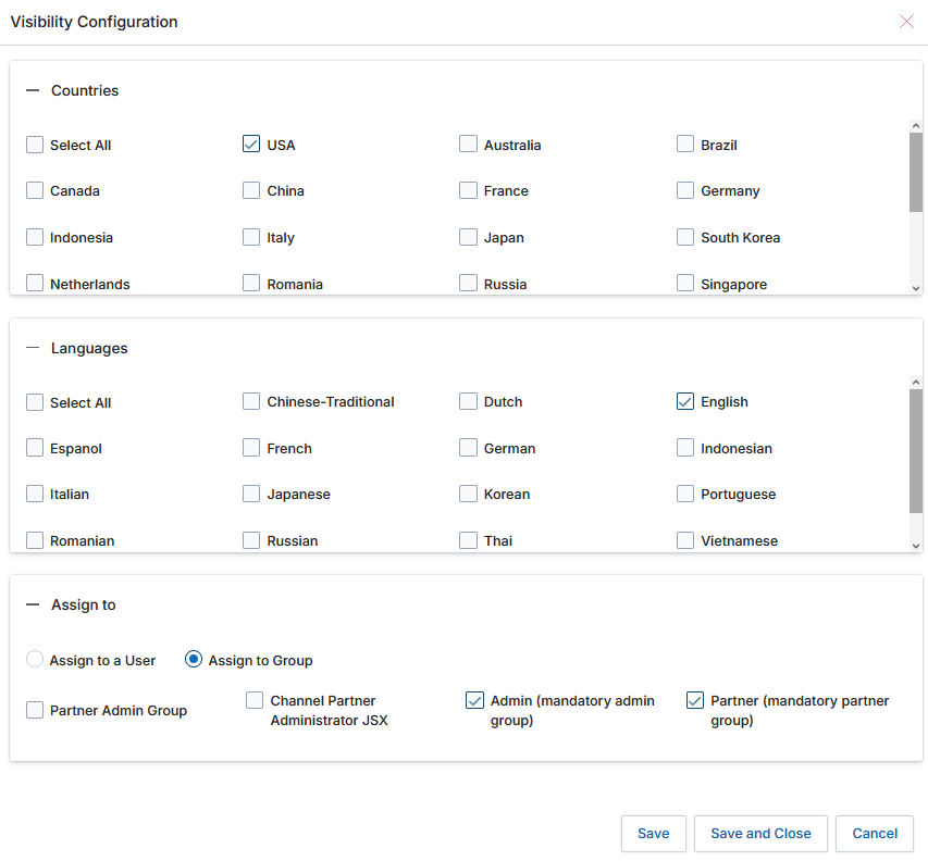 Visibility Configuration popup with Countries section (Select All, USA, Australia, Brazil, Canada checkboxes), Languages section (English, French, German, Spanish, Japanese etc), and Assign to section with user/group radio buttons