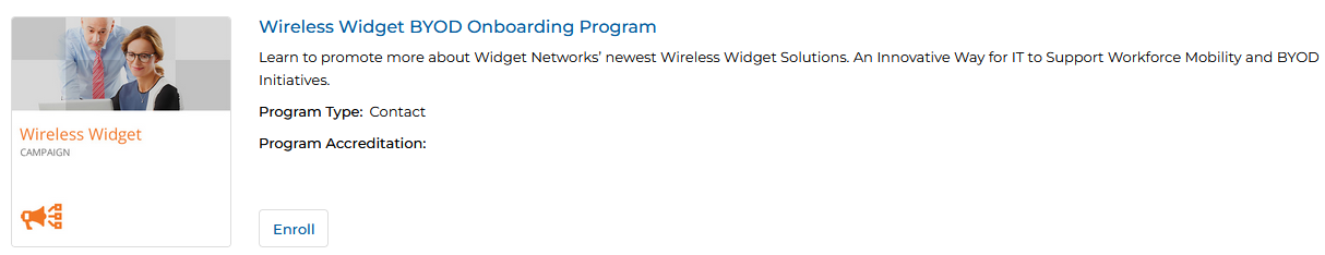 Program card in list view — Program Name, description, Program Type, Program Accreditation, and Enroll button