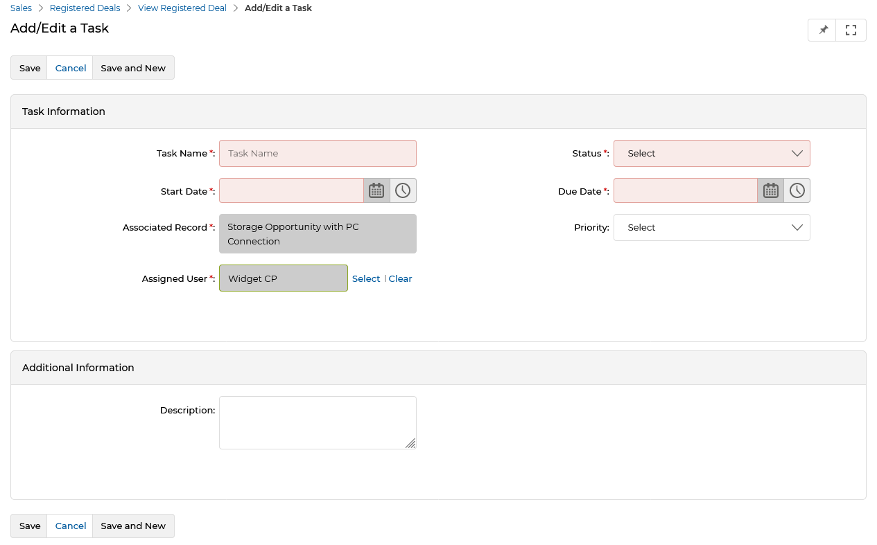 Add/Edit a Task form showing Task Name, Status, Start Date, Due Date, Associated Record, Priority, Assigned User, and Description fields
