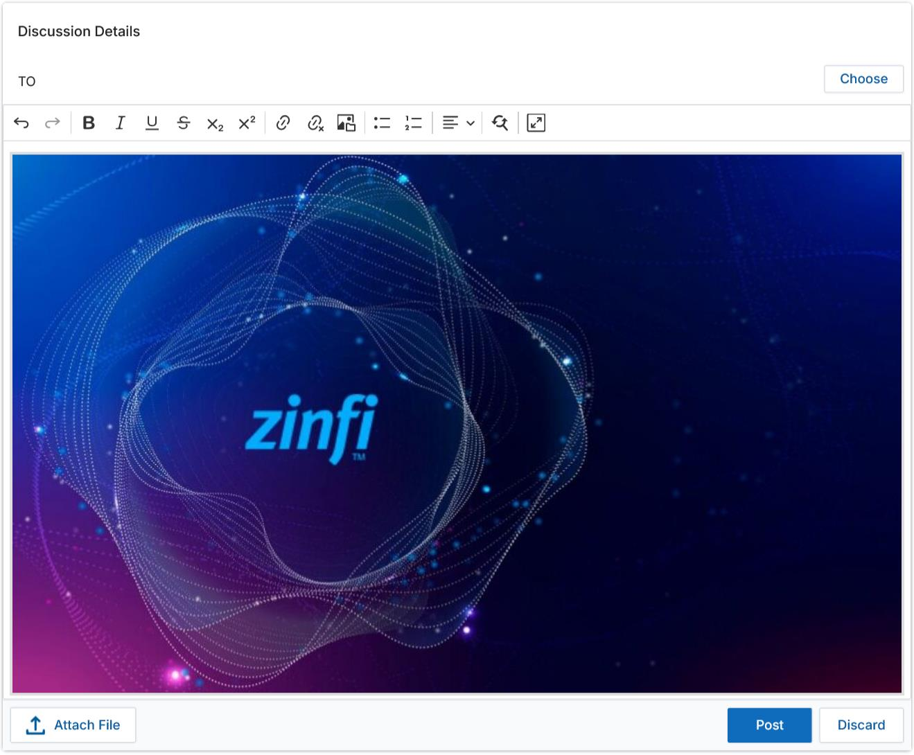 Discussion Details box containing an inline image (ZINFI brand graphic) inserted via the HTML editor