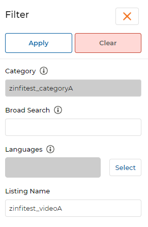 Filter pane showing Category zinfitest_categoryA and Listing Name zinfitest_videoA filled in