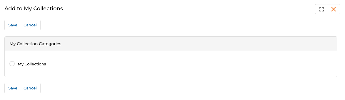 Add to My Collections panel showing My Collection Categories section with My Collections radio button and Save Cancel buttons