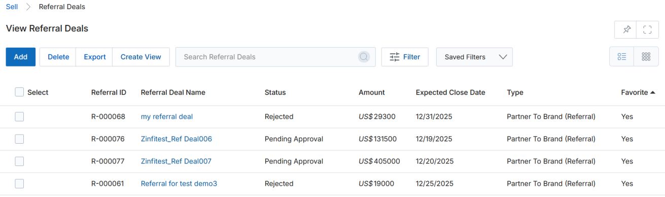 View Referral Deals list with columns: Referral ID, Referral Deal Name, Status, Amount, Expected Close Date, Type, Favorite