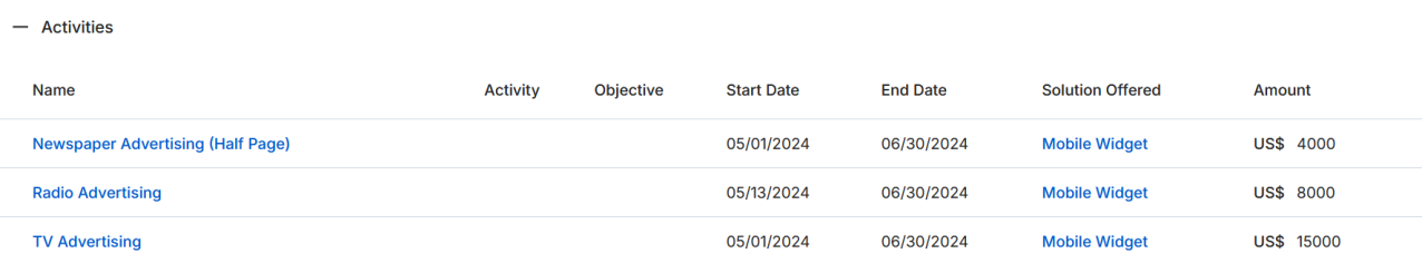 Activities section listing Newspaper Advertising, Radio Advertising, and TV Advertising with start and end dates