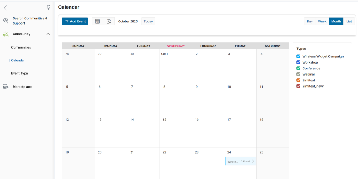 Calendar page in monthly view showing an event on October 24 and the Types legend on the right