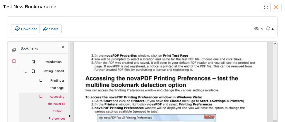 PDF preview with Accessing the novaPDF Printing Preferences bookmark selected and corresponding section highlighted in the document