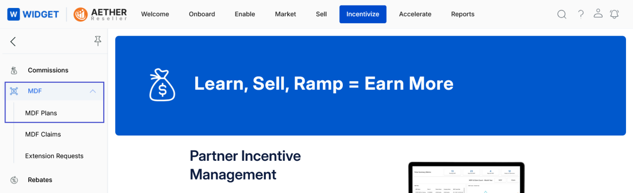 Incentivize menu with MDF Plans selected under MDF in the left nav — partner portal