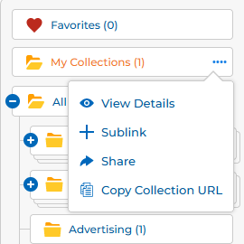 My Collections (1) dots menu expanded showing View Details, Sublink, Share, and Copy Collection URL options
