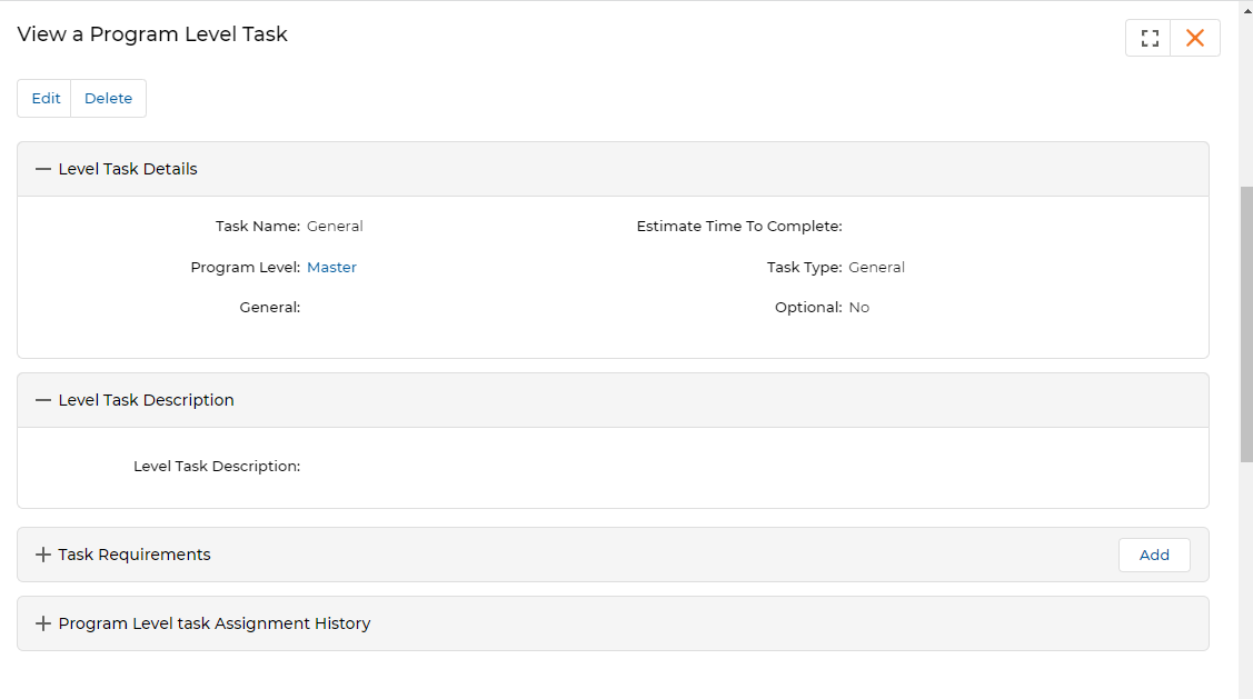 General — View a Program Level Task page