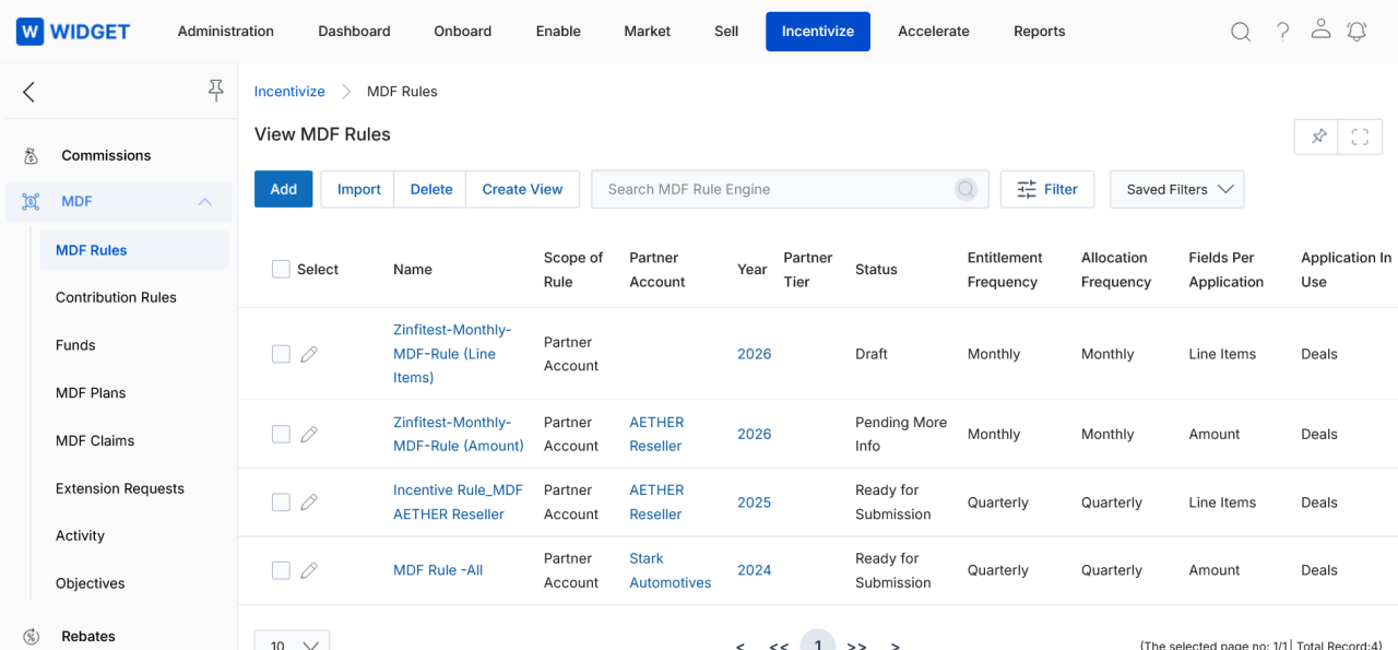 View MDF Rules list showing rules with Scope of Rule, Partner Account, Year, Partner Tier, Status, Entitlement Frequency, Allocation Frequency, Fields Per Application, and Application In Use