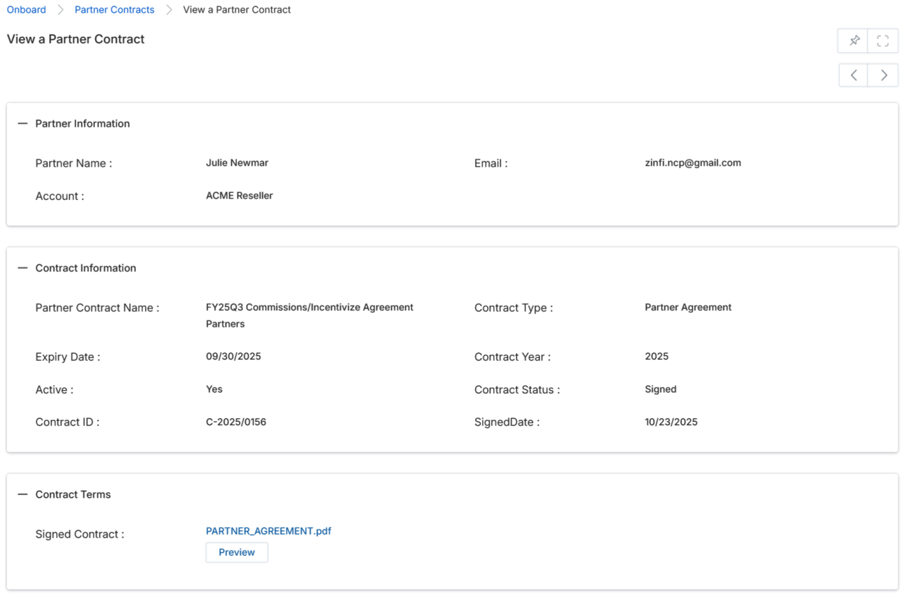 View Partner Contracts — listing showing both InProgress and Signed contracts without DocuSign