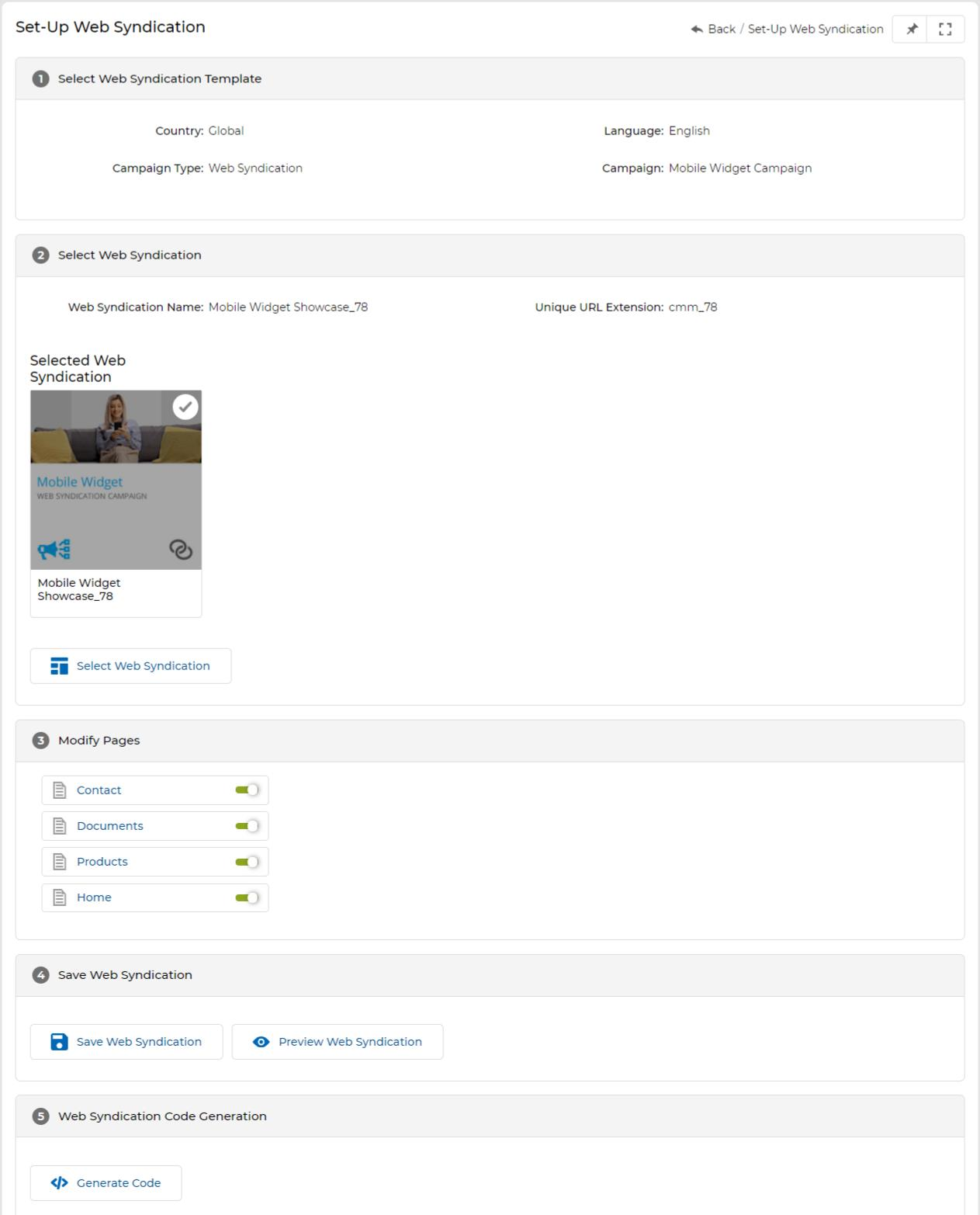 Set-Up Web Syndication page with five sections: 1 Select Web Syndication Template, 2 Select Web Syndication, 3 Modify Pages, 4 Save Web Syndication, 5 Web Syndication Code Generation