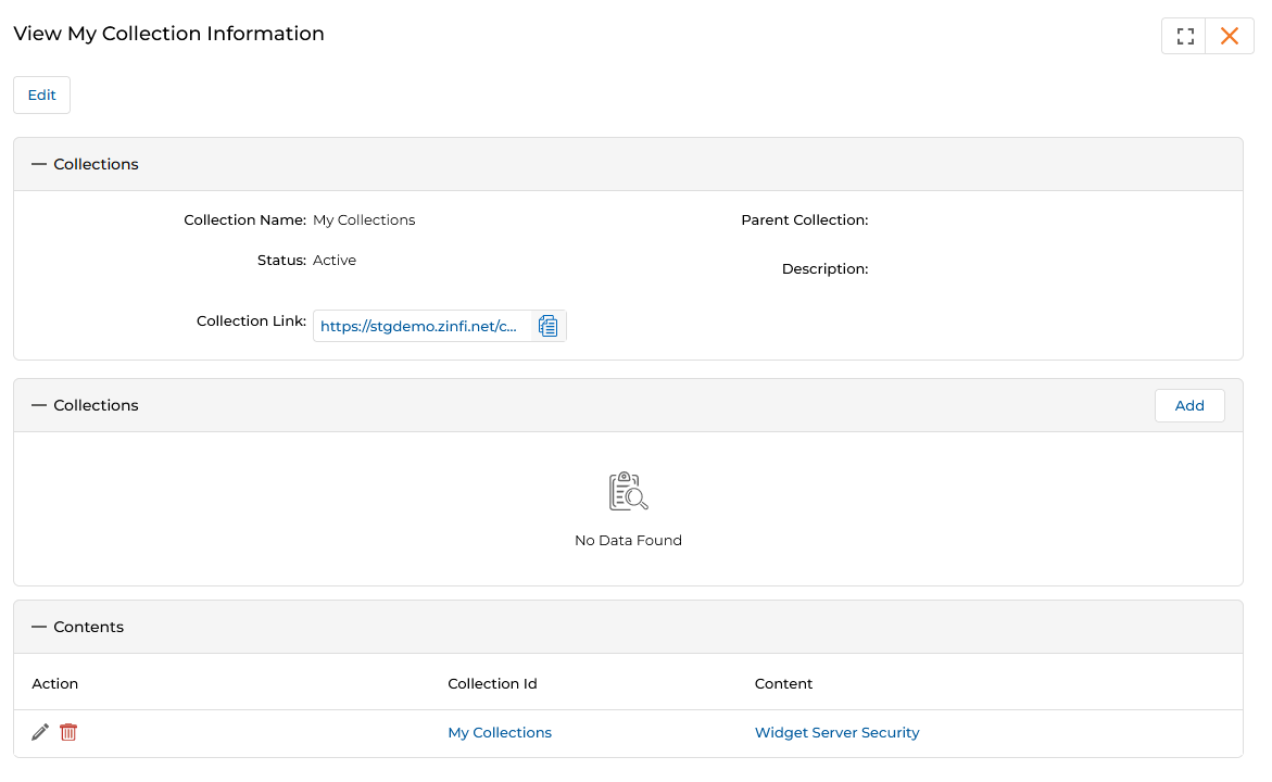 View My Collection Information window showing Collections section with Collection Name My Collections, Status Active, Collection Link, Sub-collections section with Add button, and Contents table