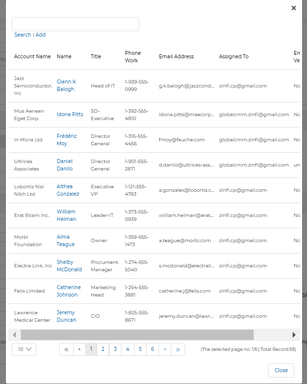 Opportunity Name lookup — picker showing Opportunity Name, Account Name, Sales Stage, Amount, Expected Close Date, and Quarter