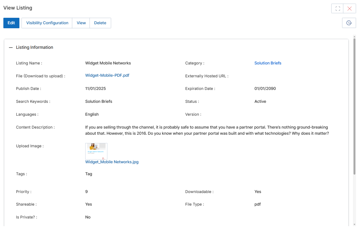 View Listing slide-in panel showing all document metadata fields and action buttons