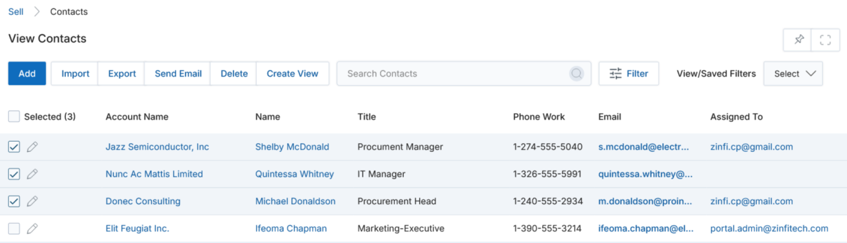 Contact search filter — Account Name, Email, and Lead Source filters