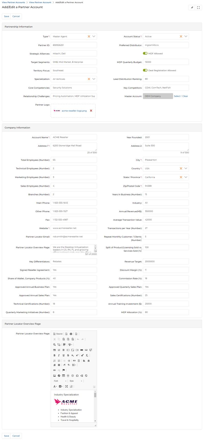 Add/Edit a Partner Account form — Partnership Information and Company Information sections