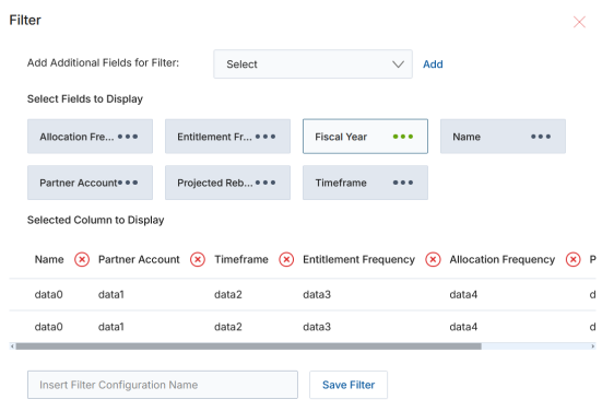 Filter panel for Rebate Projections view with selectable fields: Allocation Frequency, Entitlement Frequency, Fiscal Year, Name, Partner Account, Projected Rebate, Timeframe