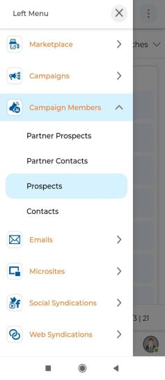 Prospects campaign members sub-menu and View Prospect Campaign list showing Campaign Name, Campaign Type, Prospect, Title, Company Name, Phone Mobile, Email