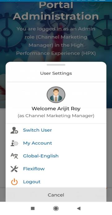 UPM mobile home screen with Avatar icon highlighted, and User Settings panel showing the Logout button highlighted