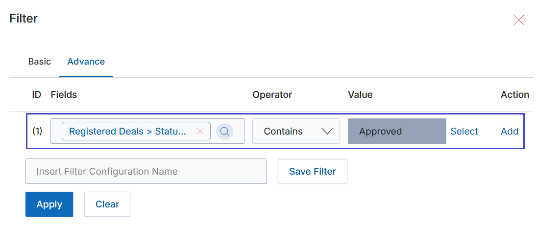 Advanced Search — single criterion row showing Registered Deals > Status field with Contains operator and Approved value, plus Insert Filter Configuration Name and Save Filter inputs