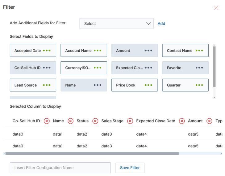 Create View column selector — choose fields to display and save filter configuration