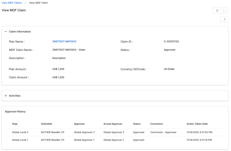 View MDF Claim detail page showing Claim Information section and Approval History table with Global Level 1 and Global Level 2 rows