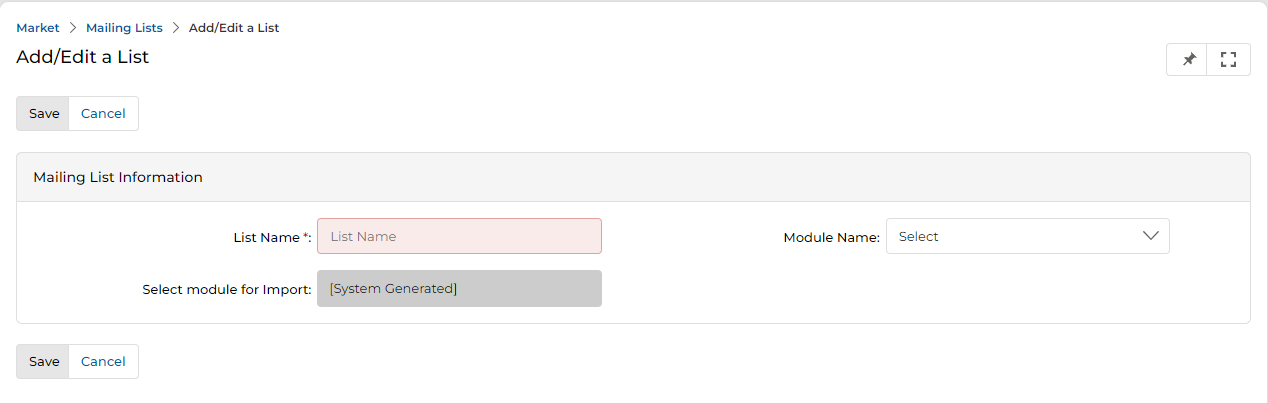 Mailing List popup showing Add to an Existing List and Add a List tabs, a search field, and a checklist: LeadBlast001, Internal Test List 3, Internal Test List 2, Server Widget Multi-Touch, Widget Outreach NORAM, Event Promotional – WGN, with Close button