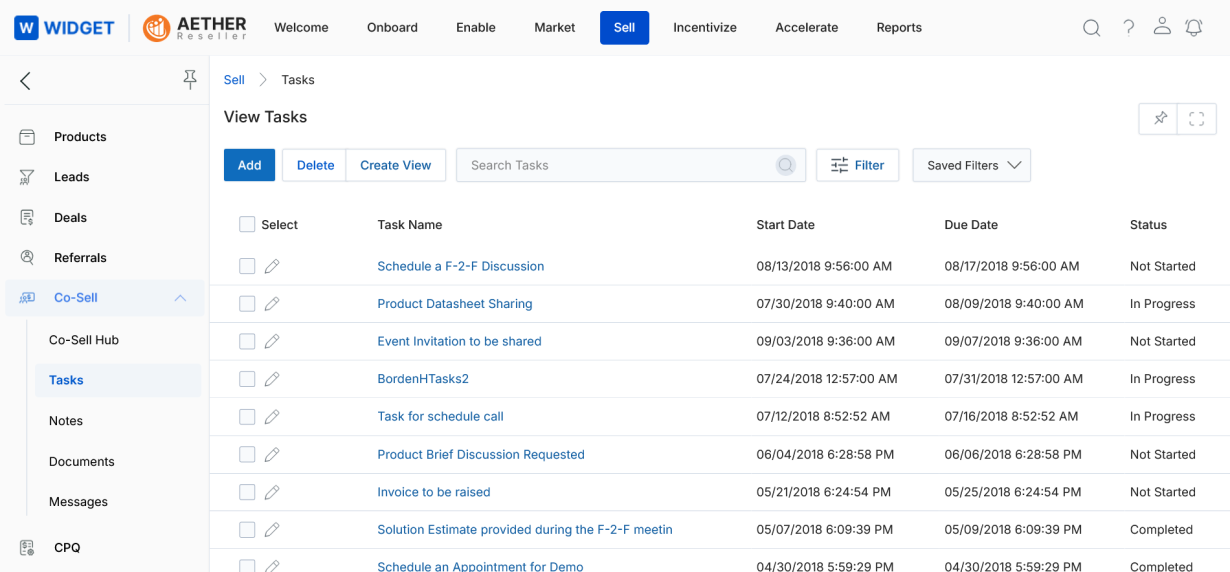 View Tasks list — Task Name, Start Date, Due Date, and Status columns with sample tasks